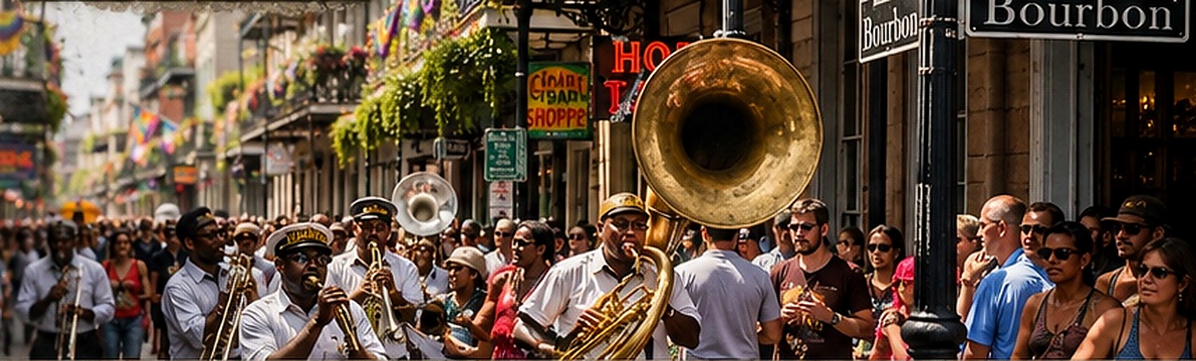 A brass band and crowd moving through a New Orleans street